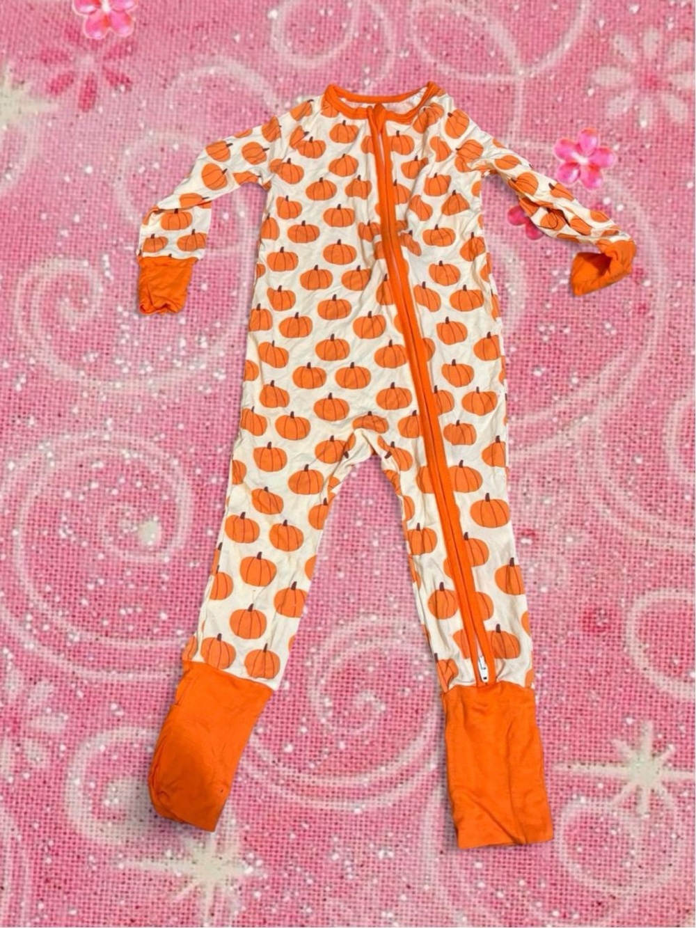 Orange Pumpkin Print Kids One-Piece Pajamas